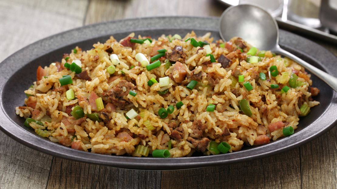 In traditional recipes, chopped chicken livers or gizzards give the white rice its "dirty" color.