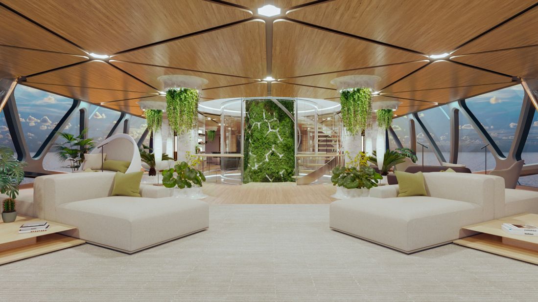 <strong>Minimalist design:</strong> The vessel's interior features a "Tree of Life" that extends throughout all four decks, connected by a sculptural spiral staircase.