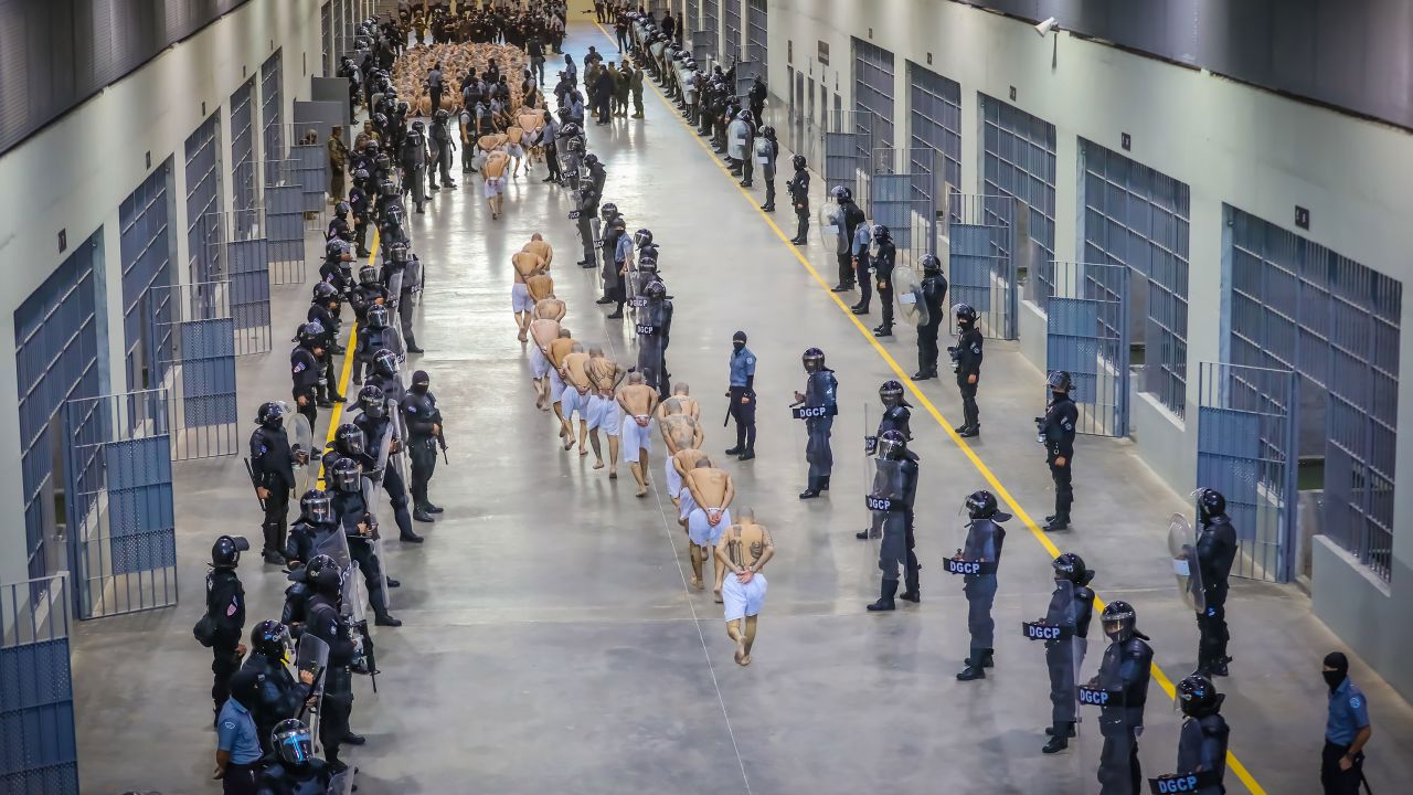 The arrival of inmates belonging to the MS-13 and 18 gangs to the new prison known as "Terrorist Confinement Centre" (CECOT), in Tecoluca on February 25, 2023. 