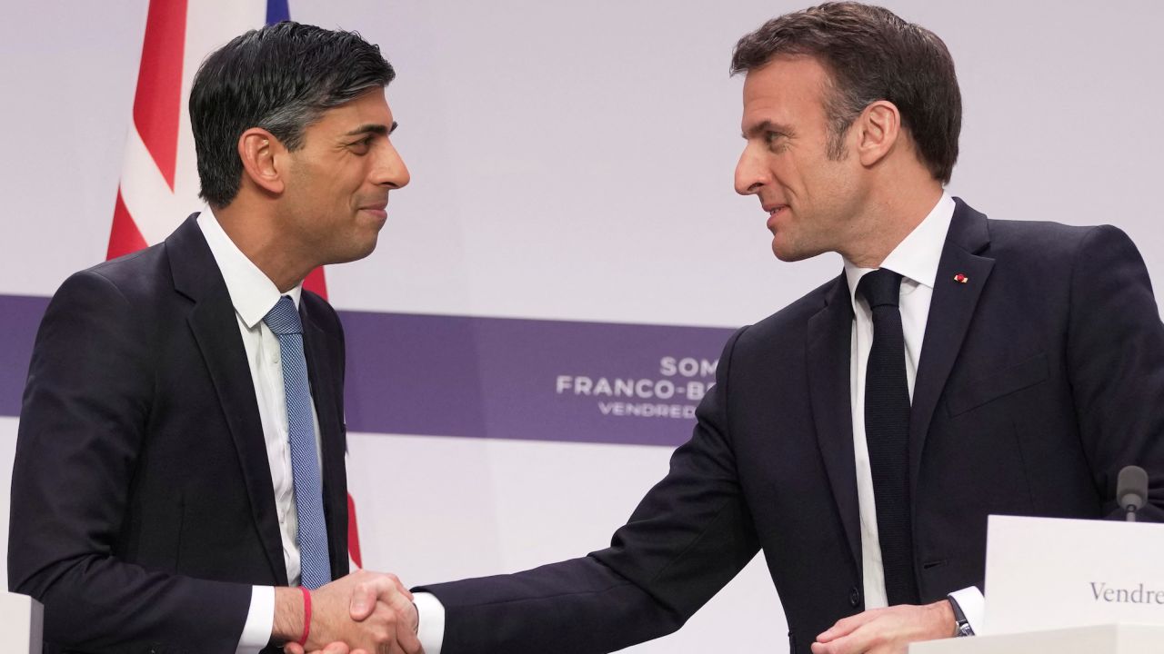 Britain's Prime Minister Rishi Sunak and French President Emmanuel Macron at the Elysee Palace in Paris on March 10, 2023.
