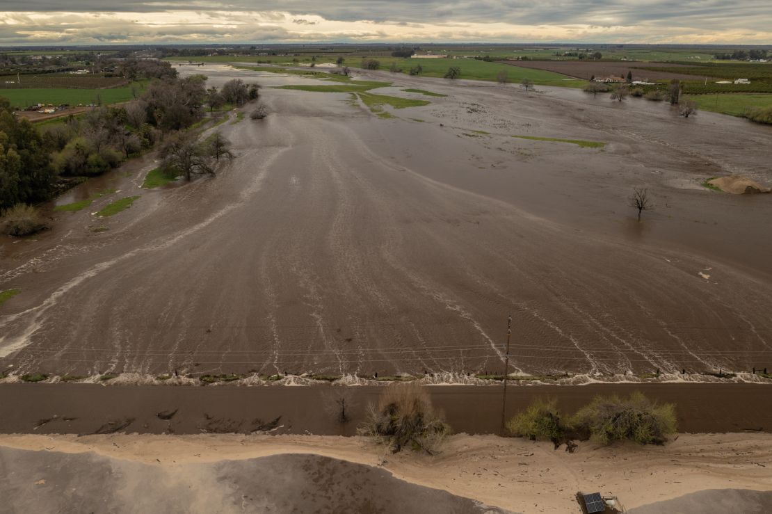 The floodwaters of Deer Creek spread across the landscape on March 10 near Porterville, California. 