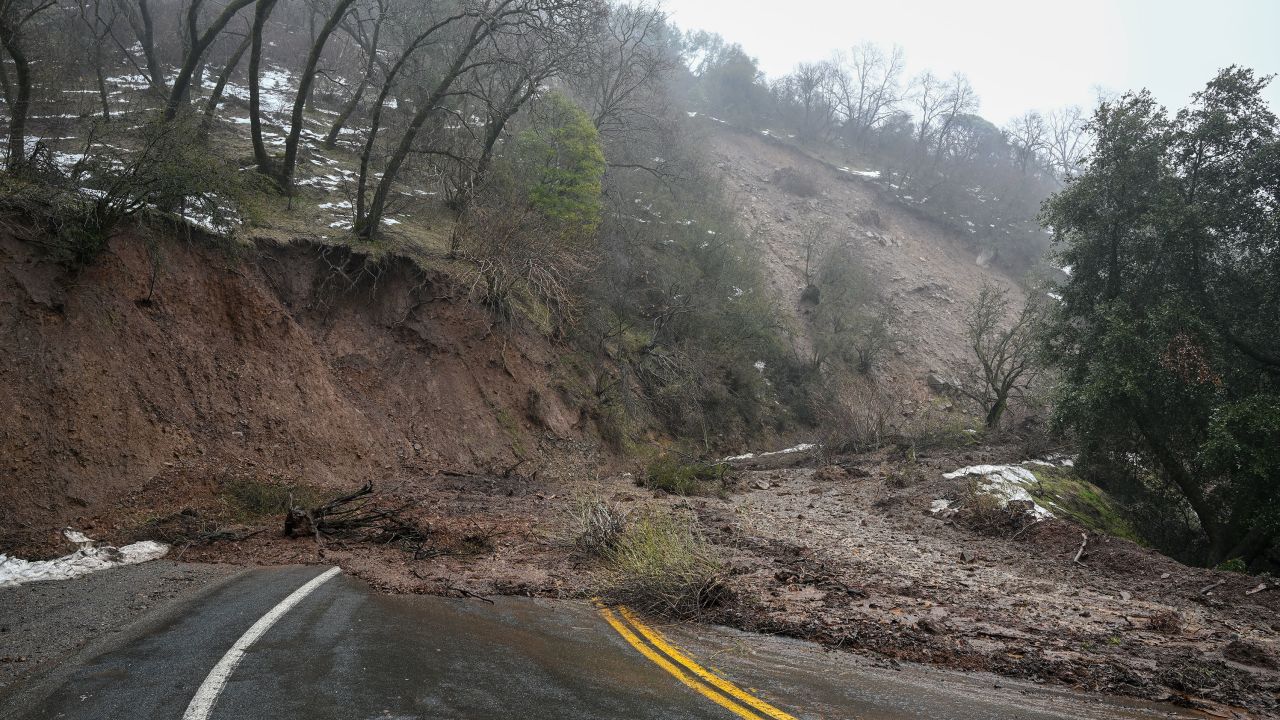 Highway 190 is closed after landslides during heavy rain in Springville, California on March 11, 2023 as atmospheric river storms hit California.