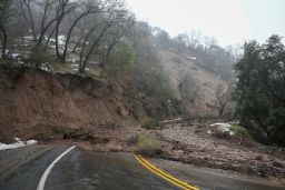 Highway 190 is closed after landslides during heavy rain in Springville, California on March 11, 2023 as atmospheric river storms hit California.