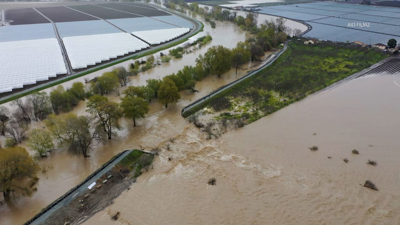 The Pajaro River breaches a levee in Monterey County, California on Saturday, March 11, 2023.