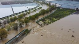 The Pajaro River breaches a levee in Monterey County, California on Saturday, March 11, 2023.