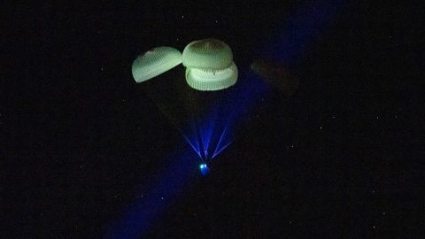 The SpaceX Dragon Endurance spacecraft is seen as it lands with NASA astronauts Nicole Mann and Josh Cassada, Japan Aerospace Exploration Agency (JAXA) astronaut Koichi Wakata, and Roscosmos cosmonaut Anna Kikina onboard on Saturday, March 11, 2023.