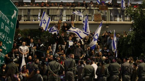 Israelis take part in a rally in Tel Aviv on Saturday to protest major changes to the country's judicial system.