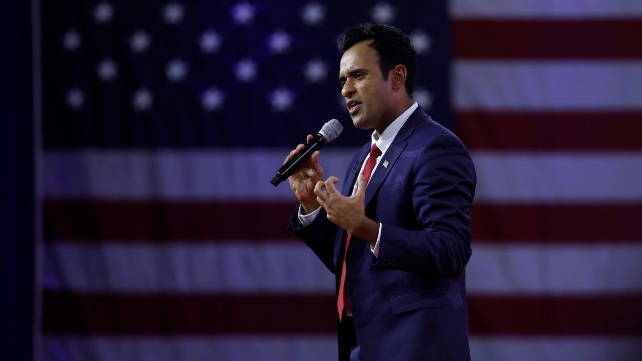 Republican presidential candidate Vivek Ramaswamy speaks during the annual Conservative Political Action Conference in National Harbor, Maryland.