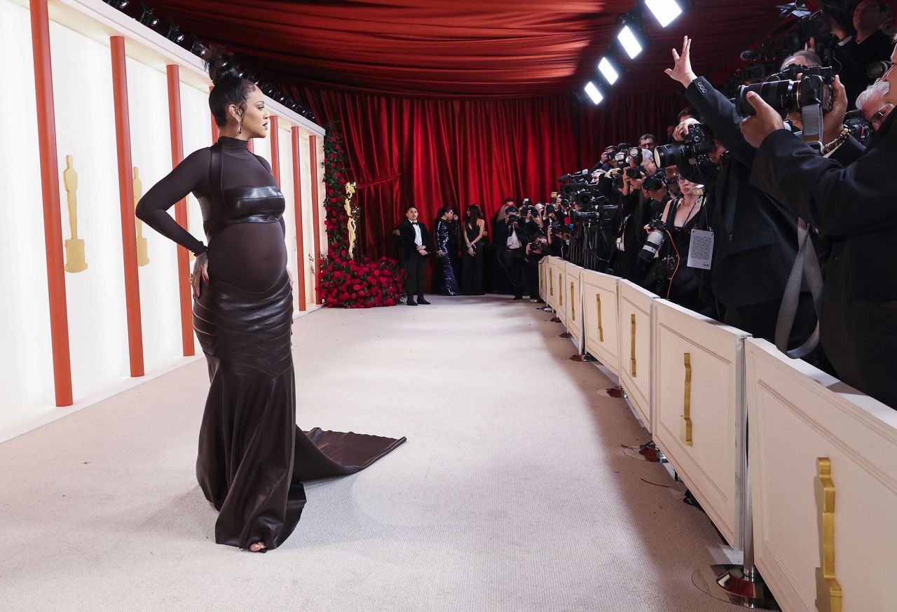 Rihanna poses for photos. The singer recently performed at the <a href="http://www.cnn.com/2023/02/12/entertainment/gallery/halftime-show-super-bowl-lvii-rihanna/index.html" target="_blank">Super Bowl halftime show</a>.