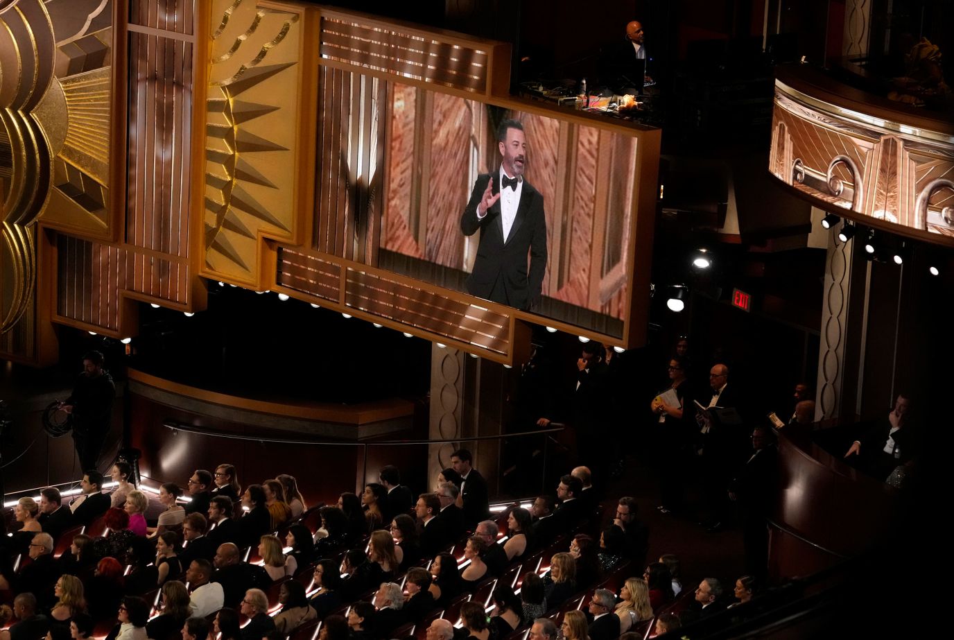 Kimmel appears on screen at the Dolby Theatre.