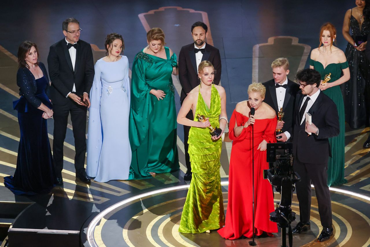 Yulia Navalny speaks to the audience after "Navalny" <a href="https://www.cnn.com/entertainment/live-news/oscars-2023/h_a3c6752afb179904e0327bcb90461d0e" target="_blank">won the Oscar for best documentary feature</a>. She said her husband "is in prison just for telling the truth" and "defending democracy." The CNN film follows the Russian opposition leader through his political rise, attempted assassination and search to uncover the truth.