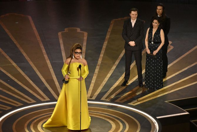 Ruth Carter accepts the Oscar for best costume design. She won for her work in "Black Panther: Wakanda Forever." <a href="index.php?page=&url=https%3A%2F%2Fwww.cnn.com%2Fentertainment%2Flive-news%2Foscars-2023%2Fh_19f177af7efc4c40baac91a13cd96d02" target="_blank">Her win put her in esteemed company</a>. Only four other Black Oscar winners have earned multiple statuettes in competitive categories: actors Denzel Washington and Mahershala Ali and sound mixers Willie D. Burton and Russell Williams II.