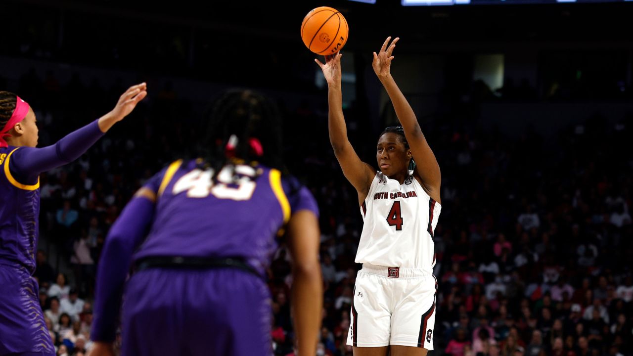 Aliyah Boston of the South Carolina Gamecocks puts up a shot against the LSU Tigers.