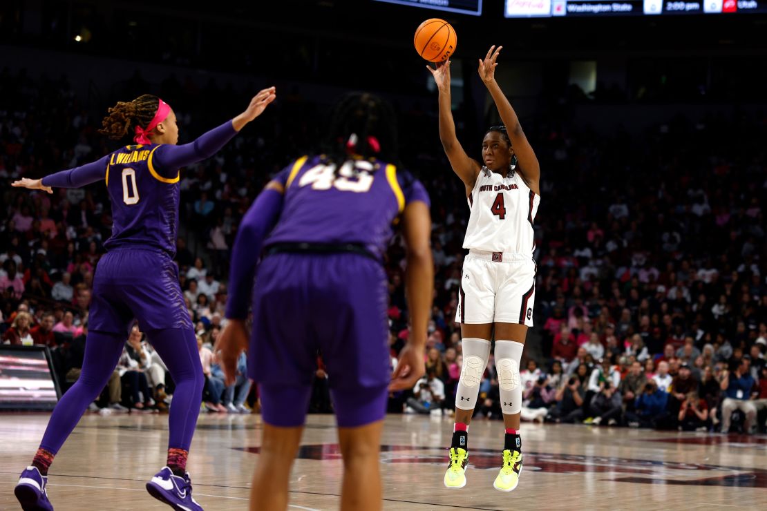 Aliyah Boston of the South Carolina Gamecocks puts up a shot against the LSU Tigers.