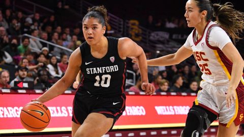 Stanford Cardinal guard Talana Lepolo (10) drives to the basket during a game.