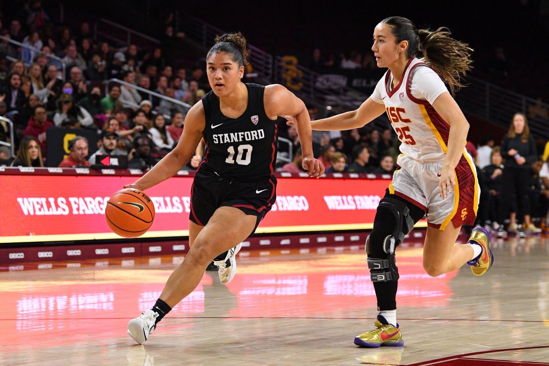 Stanford Cardinal guard Talana Lepolo (10) drives to the basket during a game.