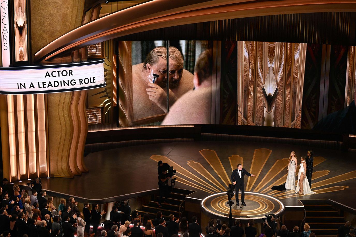 Brendan Fraser, star of "The Whale," gives a speech after <a href="https://www.cnn.com/entertainment/live-news/oscars-2023/h_930fcdac7f9573b7037ac6d70c8118cc" target="_blank">winning best actor</a>. He thanked his fellow nominees, saying, "It is an honor to be named beside you in this category."