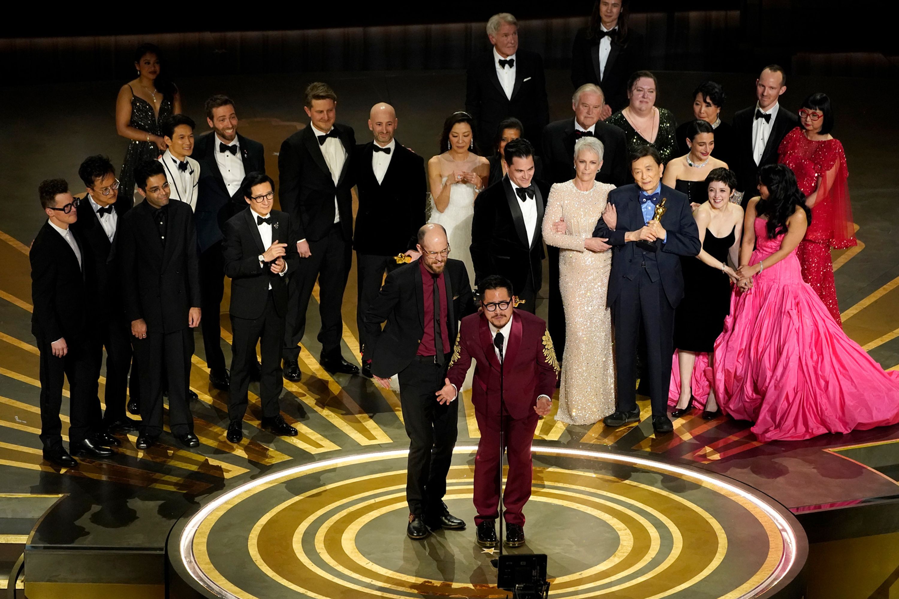 The cast and crew of "Everything Everywhere All at Once" accepts the Academy Award for best picture on Sunday, March 12.