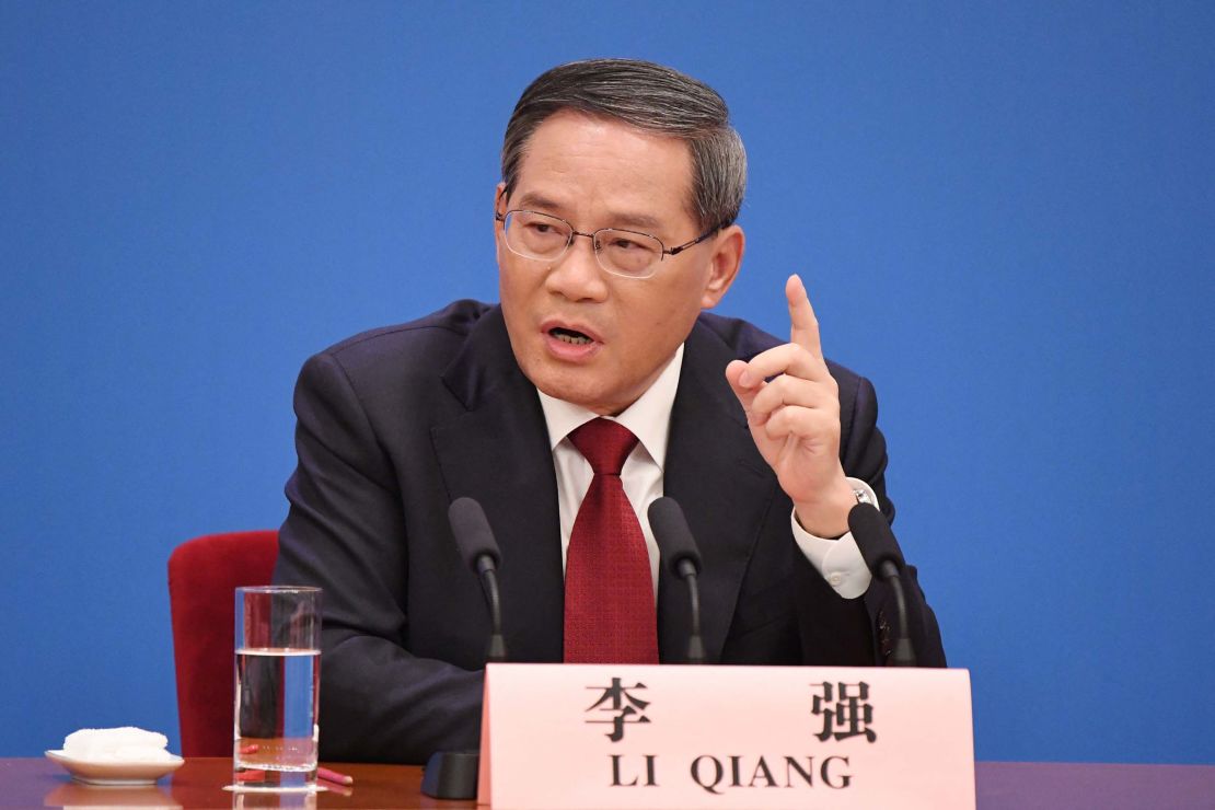 China's Premier Li Qiang speaks during a press conference after the closing session of the National People's Congress (NPC) at the Great Hall of the People in Beijing on March 13, 2023. (Photo by GREG BAKER / AFP) (Photo by GREG BAKER/AFP via Getty Images)