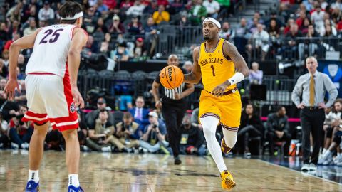 Arizona State guard Luther Muhammad brings the ball up court during the NCAA Pac 12 men's basketball tournament semifinals against the Arizona Wildcats.