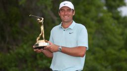 PONTE VEDRA BEACH, FLORIDA - MARCH 12: Scottie Scheffler of the United States celebrates with the trophy after winning during the final round of THE PLAYERS Championship on THE PLAYERS Stadium Course at TPC Sawgrass on March 12, 2023 in Ponte Vedra Beach, Florida. (Photo by Richard Heathcote/Getty Images)