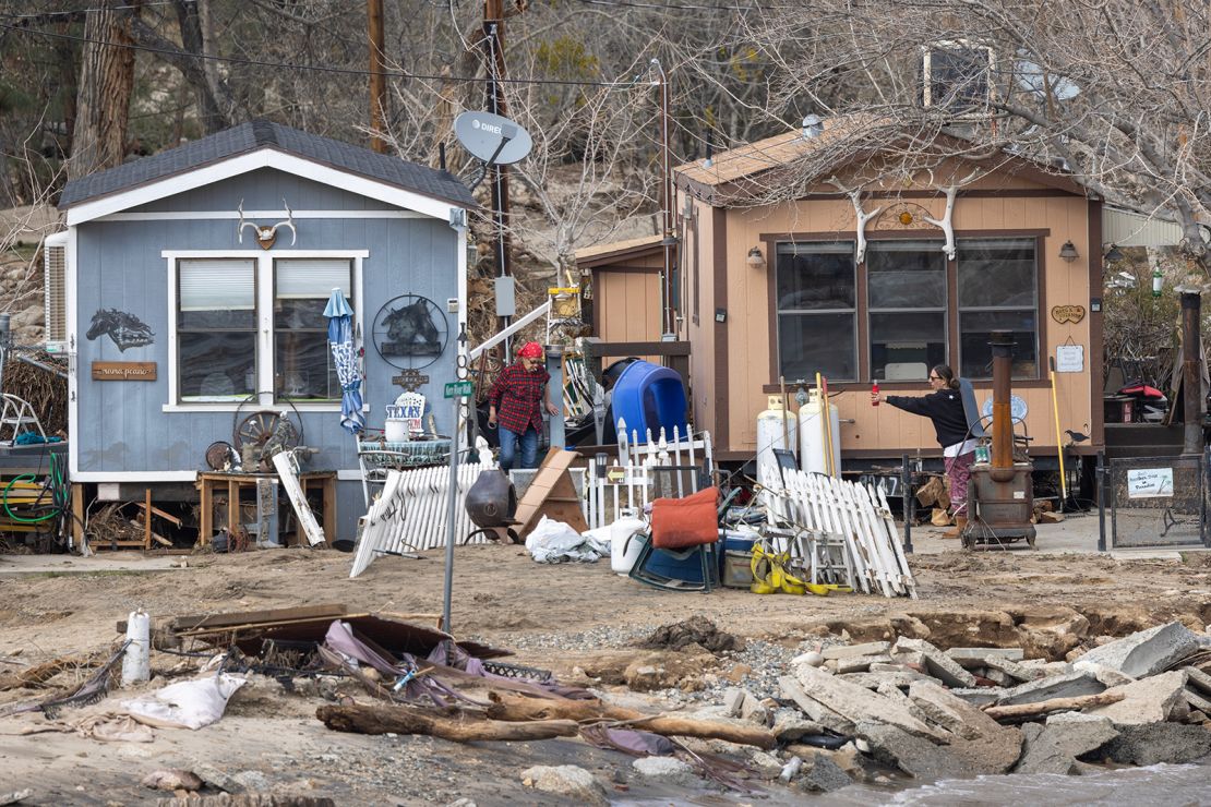 Damaged trailer homes are seen March 12 in the aftermath of a flood caused by rain-melted snow that raised the Kern River from about 6 feet to 17 feet in Kernville, California. 