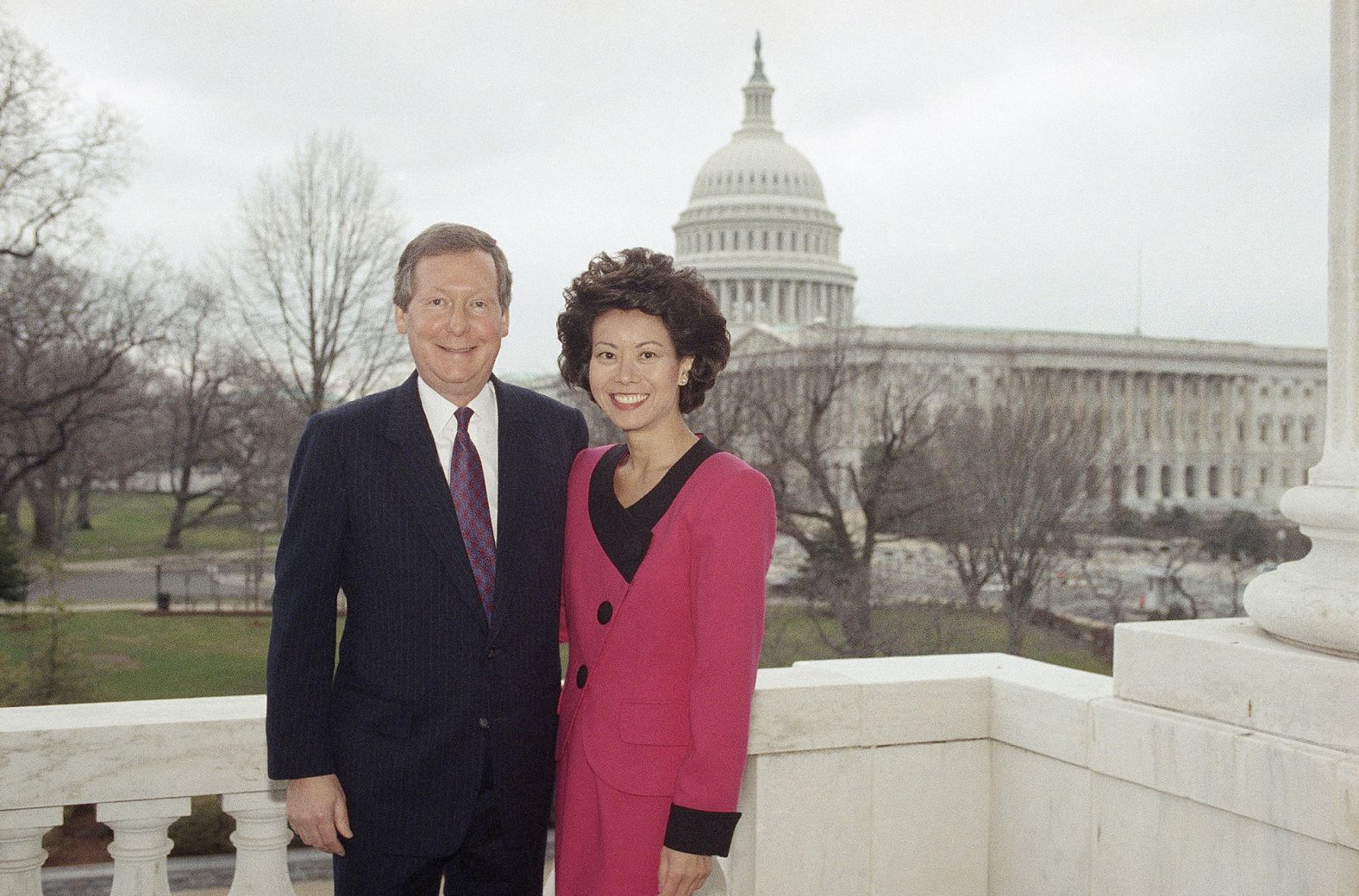 McConnell stands with fiancée Elaine Chao just before they were married in the US Capitol chapel in February 1993. The wedding was a private ceremony attended by their families.  Chao, who at the time was president of the United Way of America, would later serve as secretary of the Department of Labor under President George W. Bush, deputy secretary of the Department of Transportation under President George H.W. Bush, and secretary of the Department of Transportation under President Donald Trump.