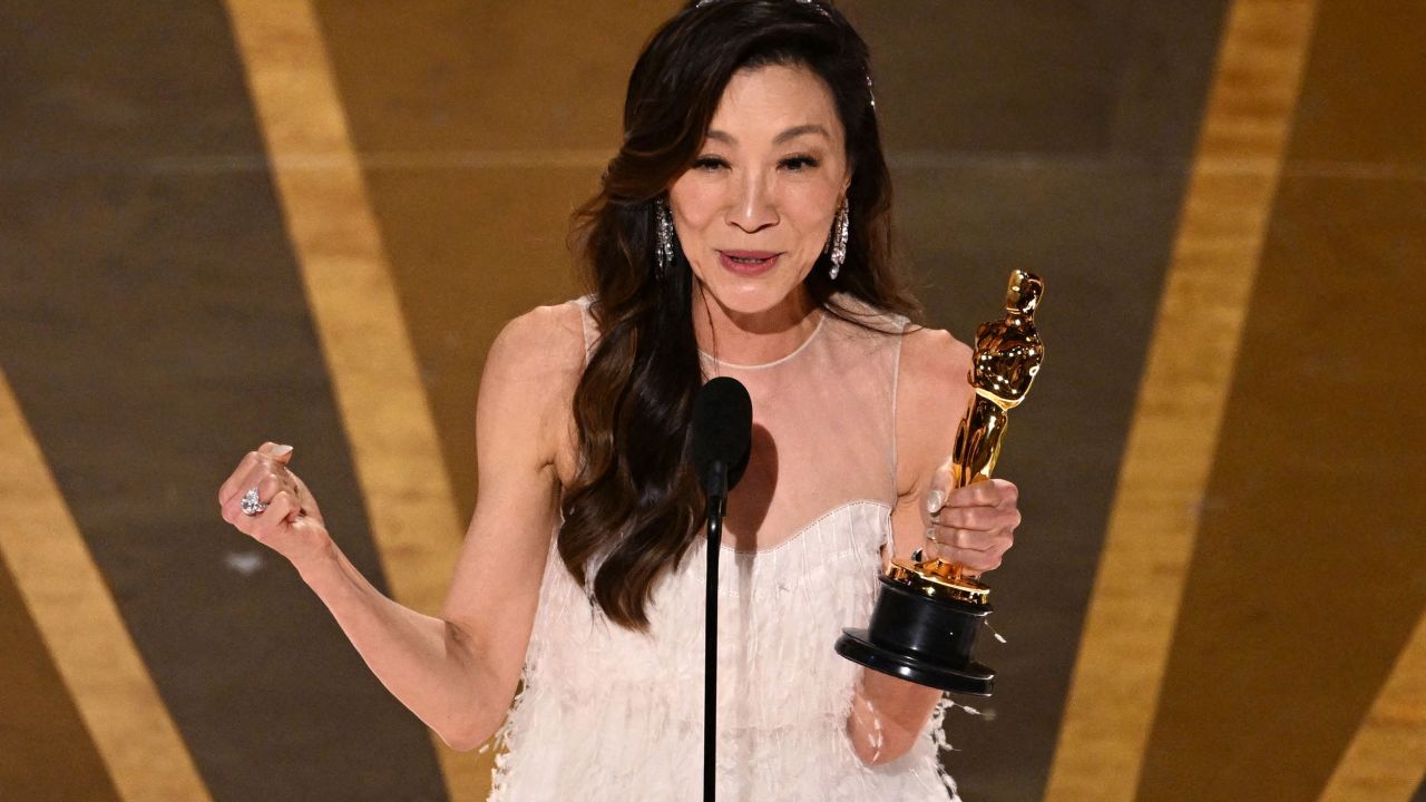 Michelle Yeoh accepts the Oscar for best actress for 'Everything Everywhere All at Once' on Sunday. 