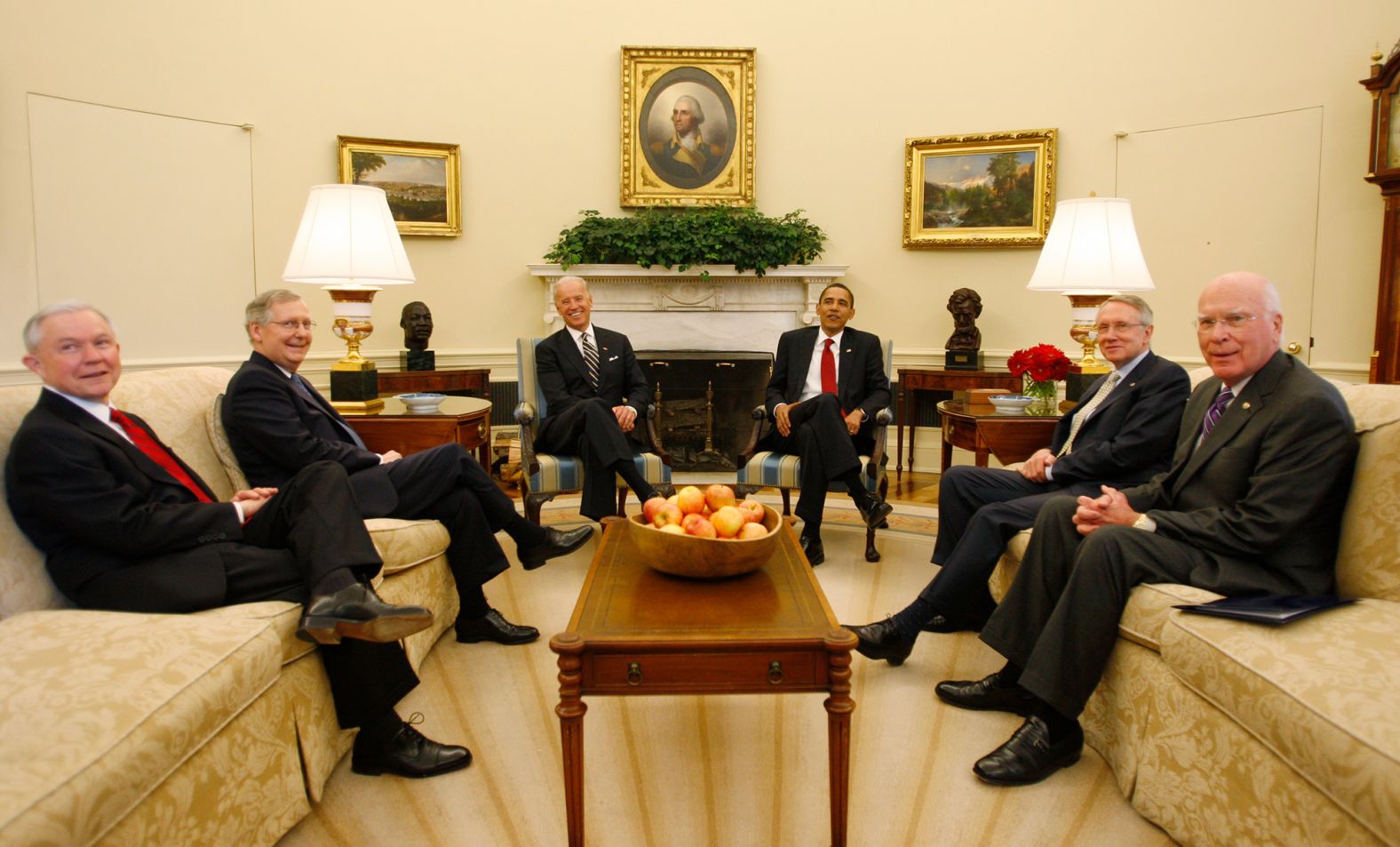 McConnell, second from left, attends an Oval Office meeting about an impending Supreme Court vacancy in May 2009. From left are US Sen. Jeff Sessions, McConnell, Vice President Joe Biden, President Barack Obama, Senate Majority Leader Harry Reid and US Sen. Patrick Leahy. McConnell boldly blocked Merrick Garland, Obama's choice for the Supreme Court, and later worked to install Trump's pick Neil Gorsuch instead.