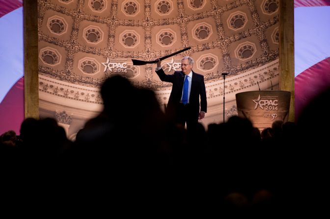 McConnell carries a musket on stage as he speaks at the Conservative Political Action Conference in March 2014.