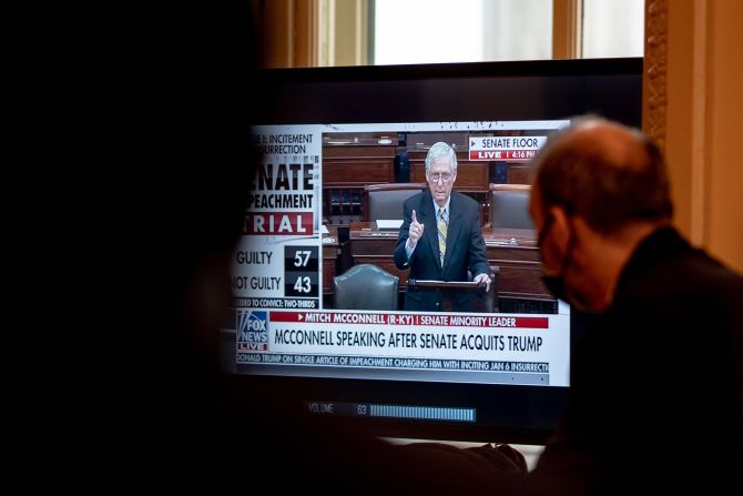 House impeachment managers watch McConnell speak in February 2021 after the Senate voted to acquit Trump in his <a href="index.php?page=&url=https%3A%2F%2Fwww.cnn.com%2F2021%2F01%2F13%2Fpolitics%2Fgallery%2Ftrump-second-impeachment%2Findex.html" target="_blank">second impeachment trial</a>. McConnell <a href="index.php?page=&url=https%3A%2F%2Fwww.cnn.com%2F2021%2F02%2F13%2Fpolitics%2Fmitch-mcconnell-acquit-trump%2Findex.html" target="_blank">voted not guilty</a>, saying he didn't think the Senate had the "power to convict and disqualify a former office holder who is now a private citizen." But he still put blame on Trump. "There's no question — none — that President Trump is practically and morally responsible for provoking the events of the day," McConnell said. "No question about it. The people who stormed this building believed they were acting on the wishes and instructions of their president."