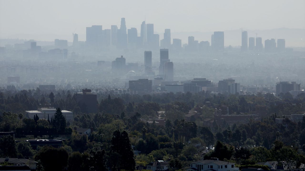 The Los Angeles skyline shrouded in haze. Los Angeles saw improved air quality last year, but still ranks high on the list of major US cities with harmful air pollution.