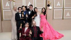 (L-R top row) Jamie Lee Curtis, winner of the Best Supporting Actress award, Ke Huy Quan, winner of the Best Actor In A Supporting Role award, James Hong, Jonathan Wang, winner of the Best Picture award, Michelle Yeoh, winner of the Best Actress in a Leading Role award, Stephanie Hsu and (bottom row) Dan Kwan and Daniel Scheinert, winners of the Best Director and Best Picture award for "Everything Everywhere All at Once", pose in the press room at the 95th Annual Academy Awards at Ovation Hollywood on March 12, 2023 in Hollywood, California.