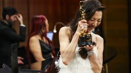 Best Actress Michelle Yeoh reacts after having her Oscar engraved at the Governors Ball following the Oscars show at the 95th Academy Awards in Hollywood, Los Angeles, California, U.S., March 12, 2023. 