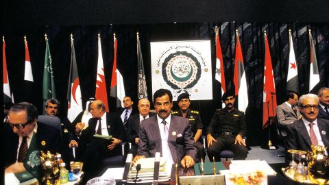 Saddam with Tariq Aziz, his deputy prime minister, at end of the Arab summit in Baghdad in 1990.