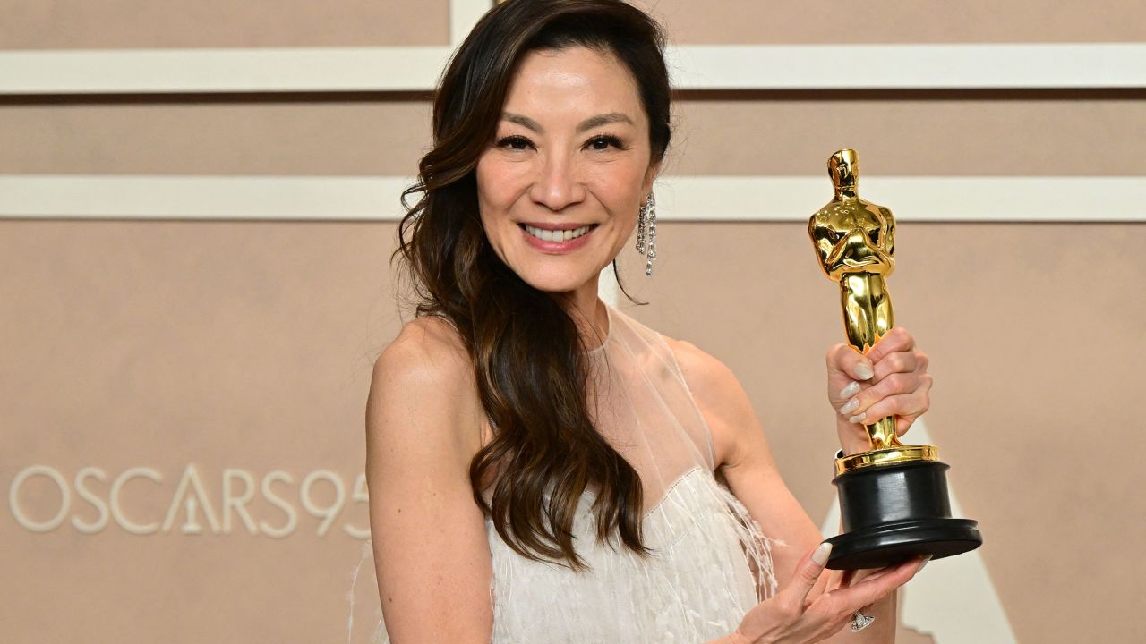 Malaysian actress Michelle Yeoh poses with the Oscar for best actress in a leading role for "Everything Everywhere All at Once" on March 12, 2023.