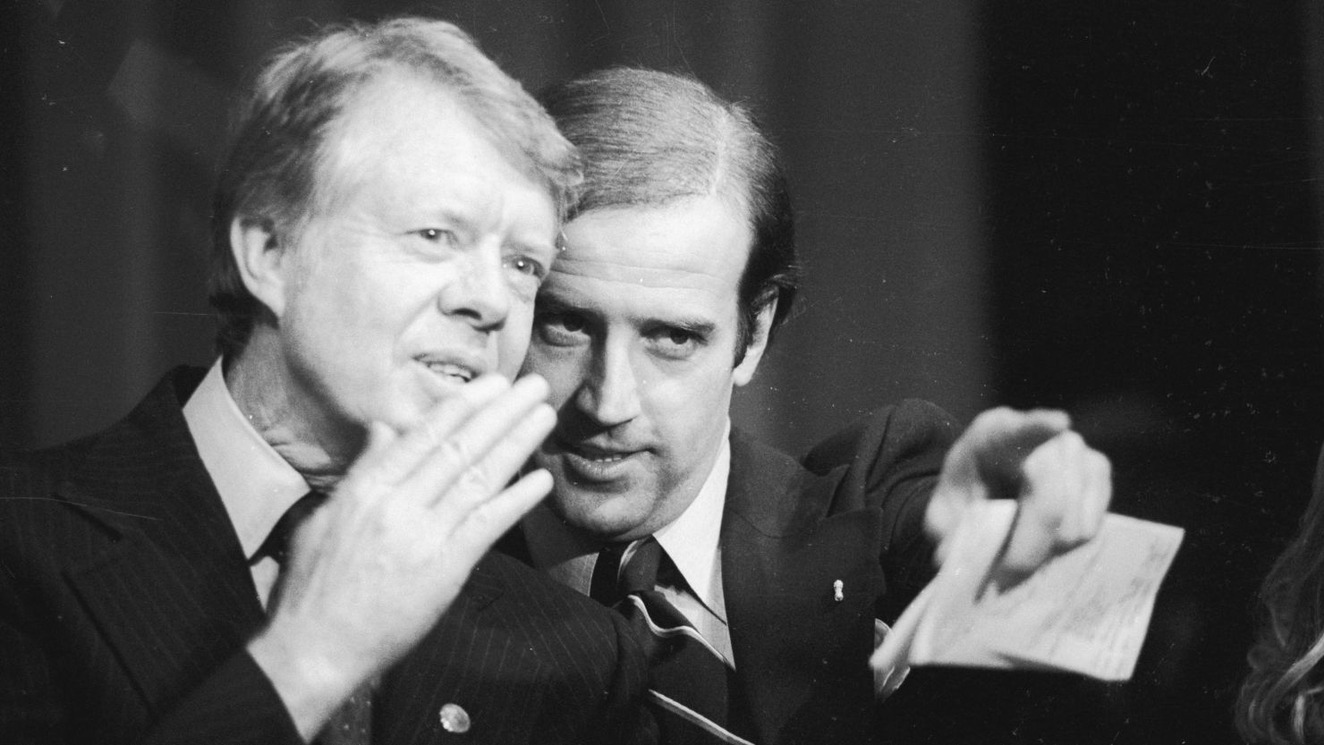Delaware's US Sen. Joe Biden points out a friend in the crowd at the Padua Academy to President Jimmy Carter during a fundraiser.
