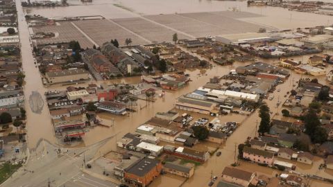 A general view shows flooded streets in Pajaro, California, March 12, 2023.