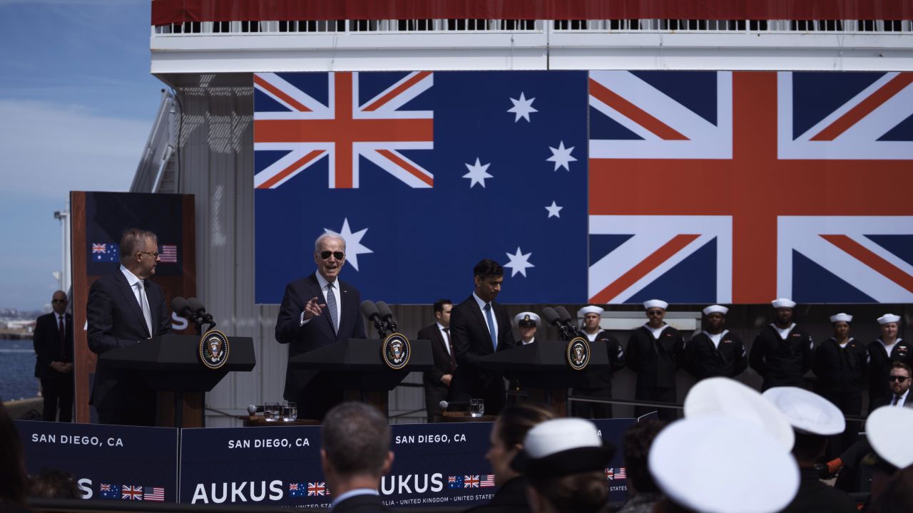 Australian prime minister Anthony Albanese US President Joe Biden and UK prime minister Rishi Sunak announce their nuclear submarine deal in San Diego, California on March 13, 2023