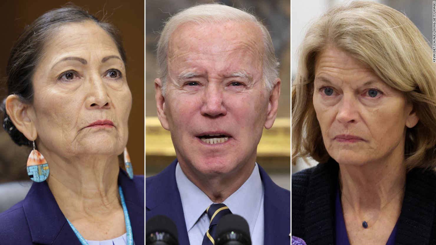 Interior Secretary Deb Haaland, President Joe Biden and Republican Sen. Lisa Murkowski of Alaska.