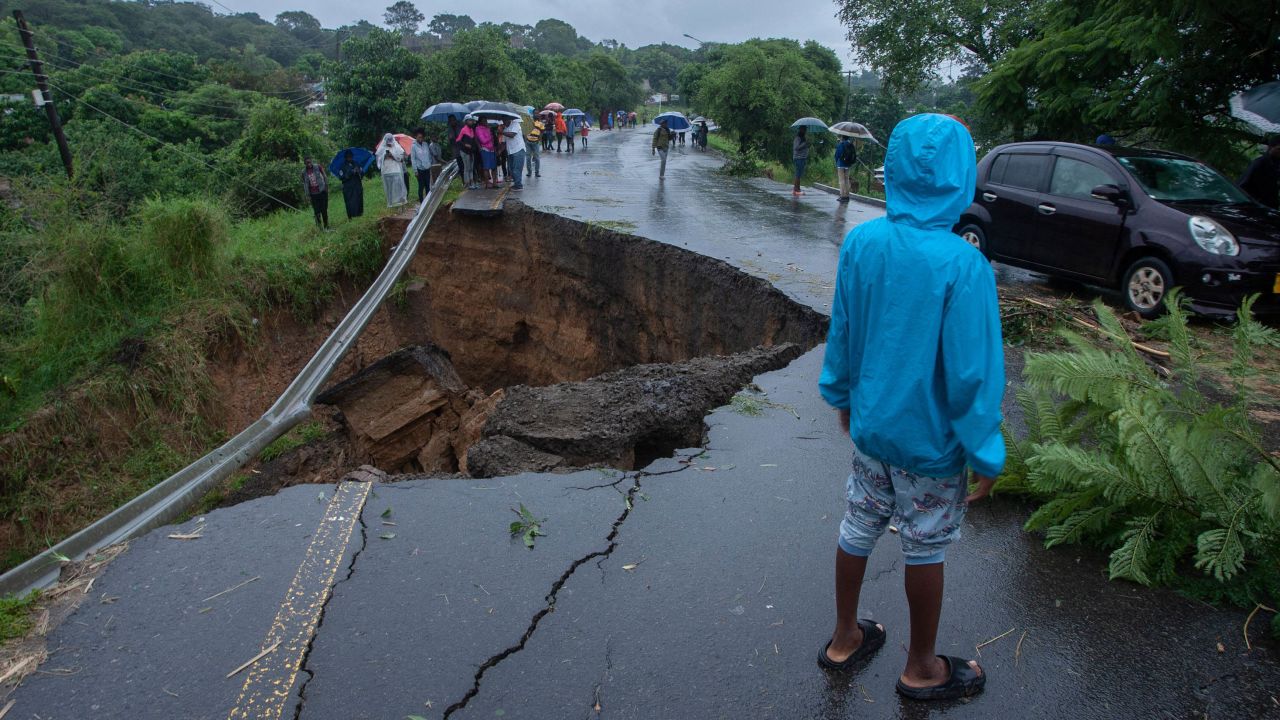 A general view of a collapsed road caused by flooding waters due to heavy rains following cyclone Freddy in Blantyre, Malawi, on Monday.
