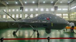 A locally produced Medium Altitude Long Endurance drone on display in Taichung on March 14, 2023