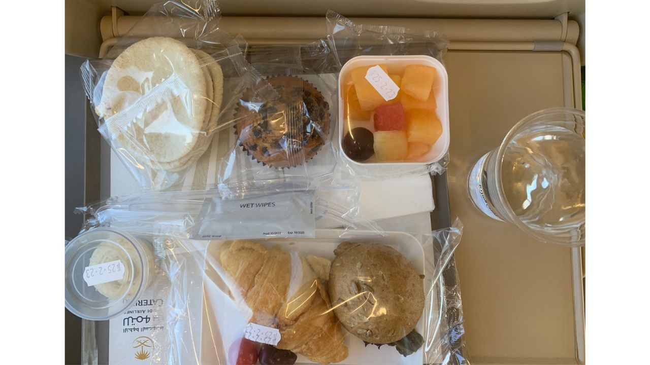 <strong>Dining in: </strong>A typical train meal includes hummus, pita, and a fruit cup. 