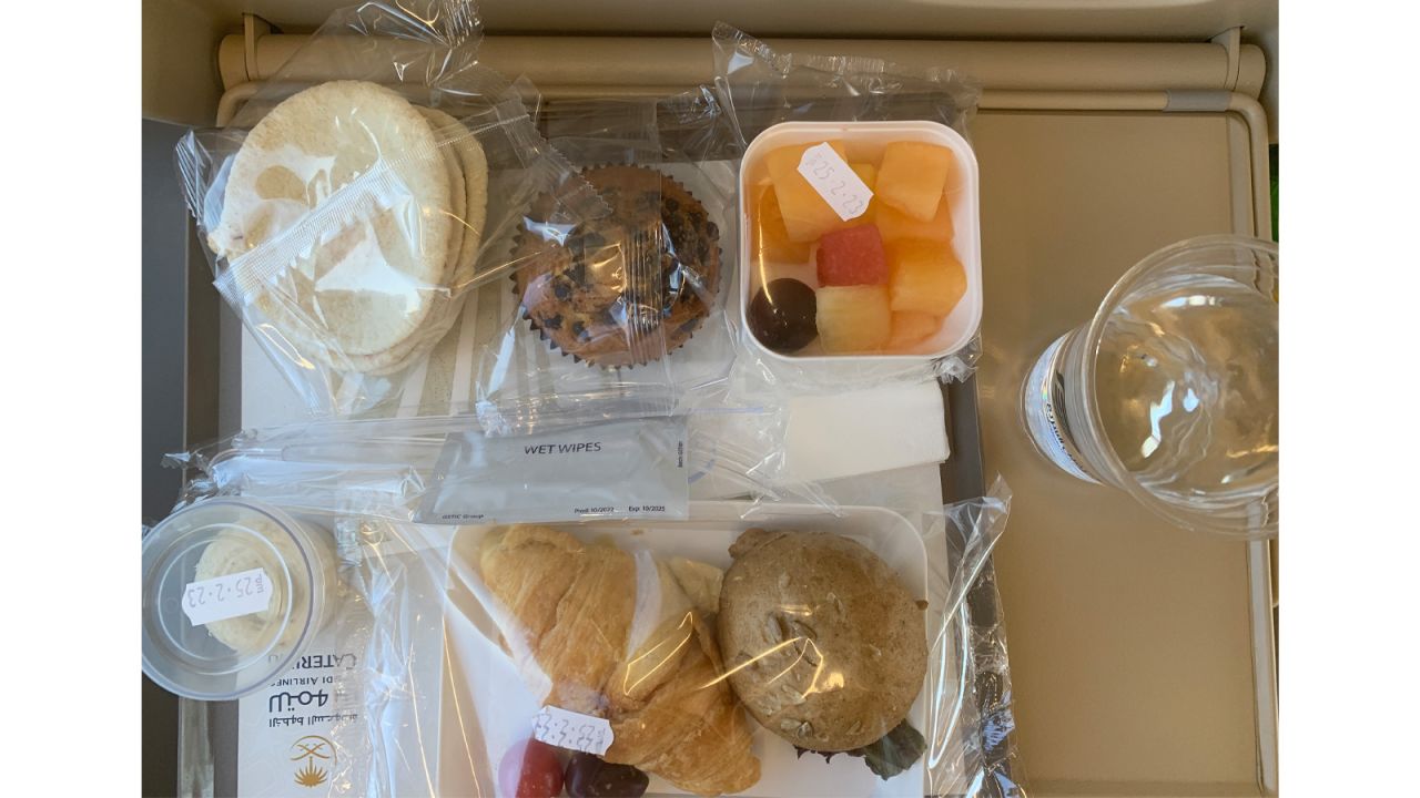 <strong>Dining in: </strong>A typical train meal includes hummus, pita, and a fruit cup.