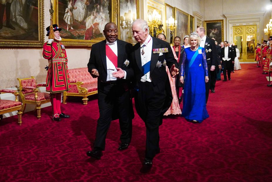 Charles talks with South African President Cyril Ramaphosa during a state banquet at Buckingham Palace in November 2022.