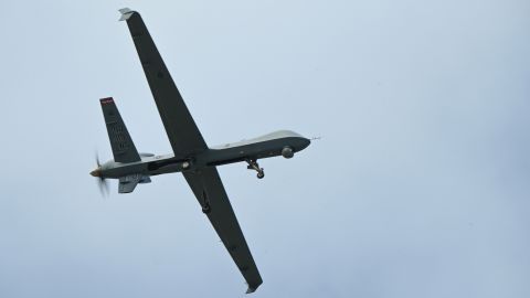 In this February 21 photo, an MQ-9 Reaper from the US Air Force 119th Wing flies over the airfield during Exercise Cope North 23 at Andersen Air Force Base, Guam.