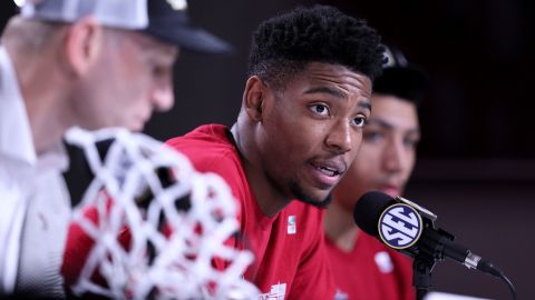 Miller talks to the media after the 2023 SEC basketball tournament final on March 12, 2023.