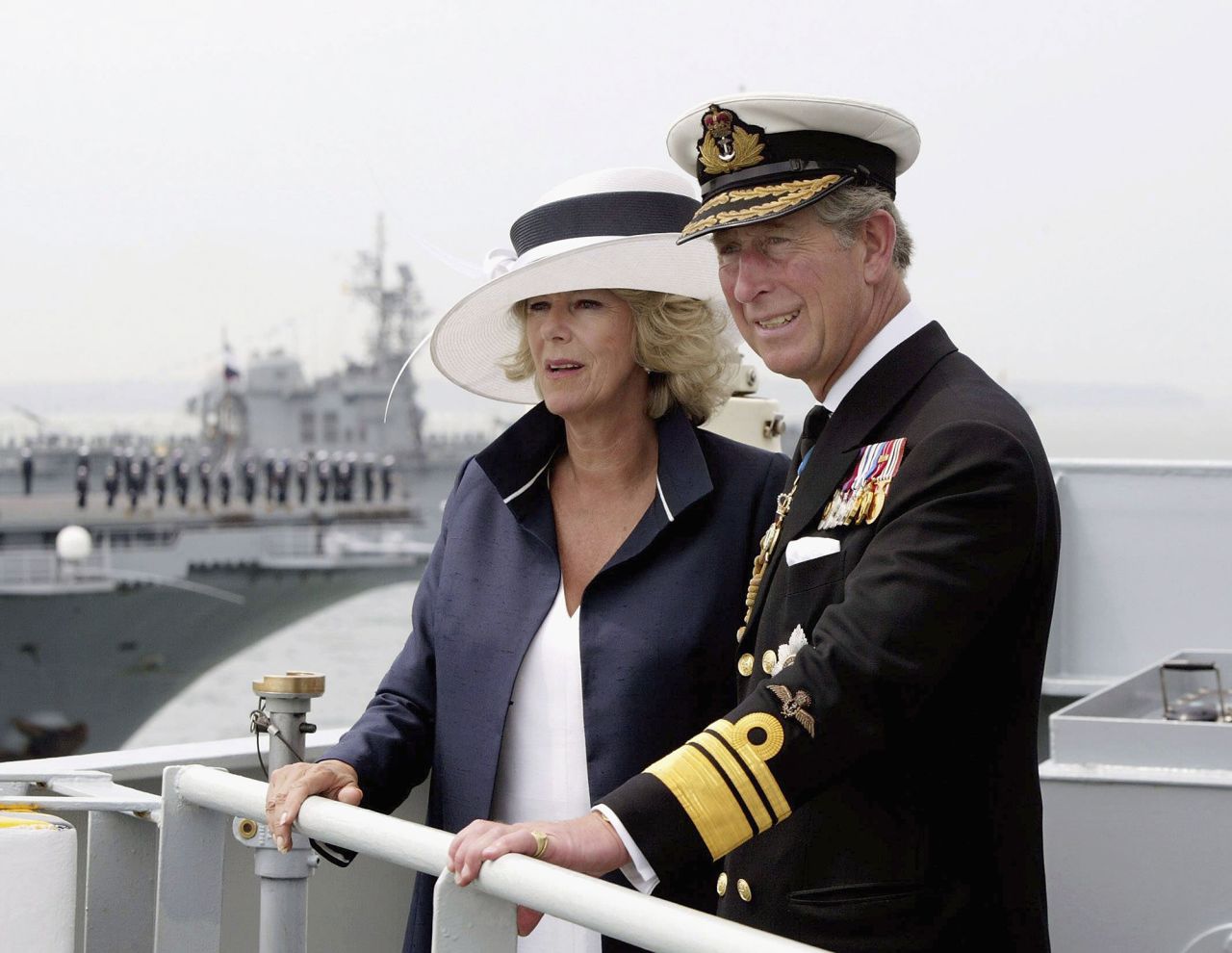 Charles and Camilla stand on the deck of HMS Scott in Portsmouth, England, in June 2005. It was the 200th anniversary of the Battle of Trafalgar.