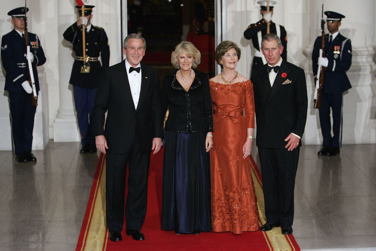 Charles and Camilla are joined by US President George W Bush and first lady Laura Bush at a White House dinner in November 2005.