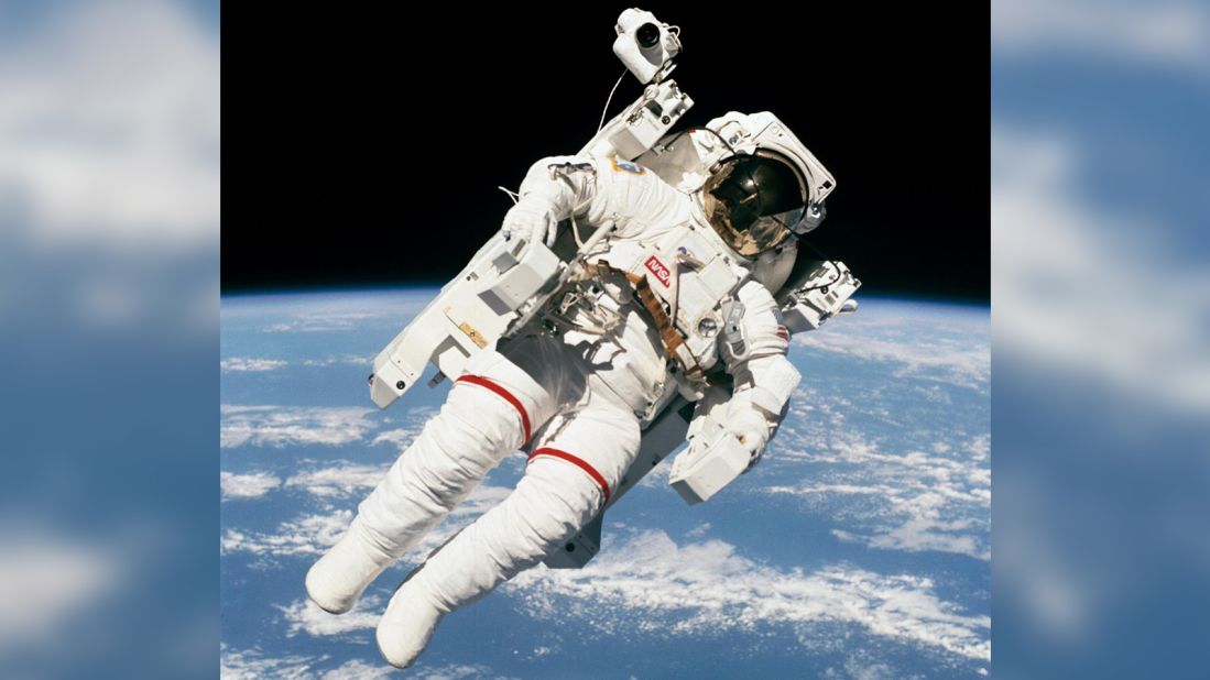 In this photo captured in February 1984, astronaut Bruce McCandless II uses his hands to control his movement above Earth — and just few meters away from the Challenger — during the first-ever untethered extravehicular activity (EVA). Fellow crew members aboard the Challenger used a 70 mm camera to expose this frame through windows on the flight deck. McCandless was joined by Robert L. Stewart, one of two other mission specialists for this flight, on two sessions of EVA.